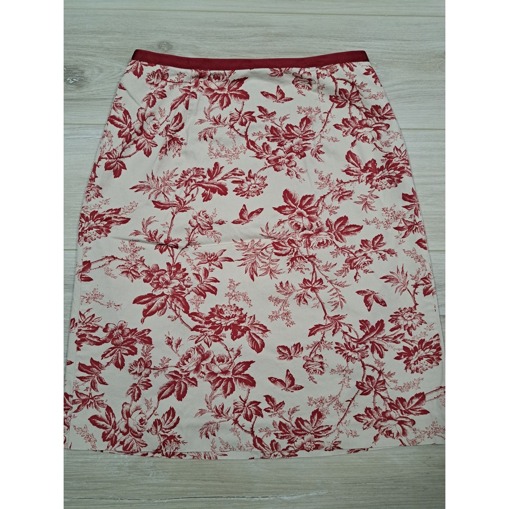Eddie Bauer Red Cream Toile Floral Butterfly Cotton A-Line Midi Skirt Size 4 Y2K
